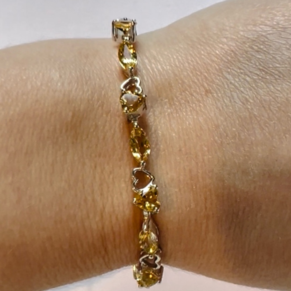 BC1 7CT Natural CITRINE Heart and Horse Eye Shaped Bracelet Rhodium over S925